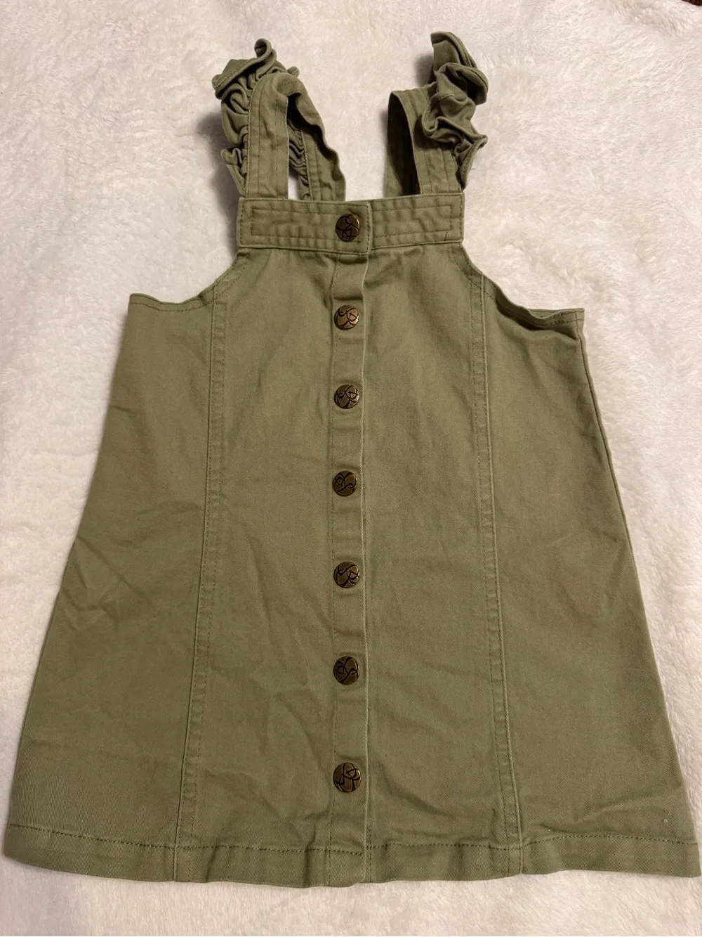 Girls Olive Green Button-Front Pinafore Dress